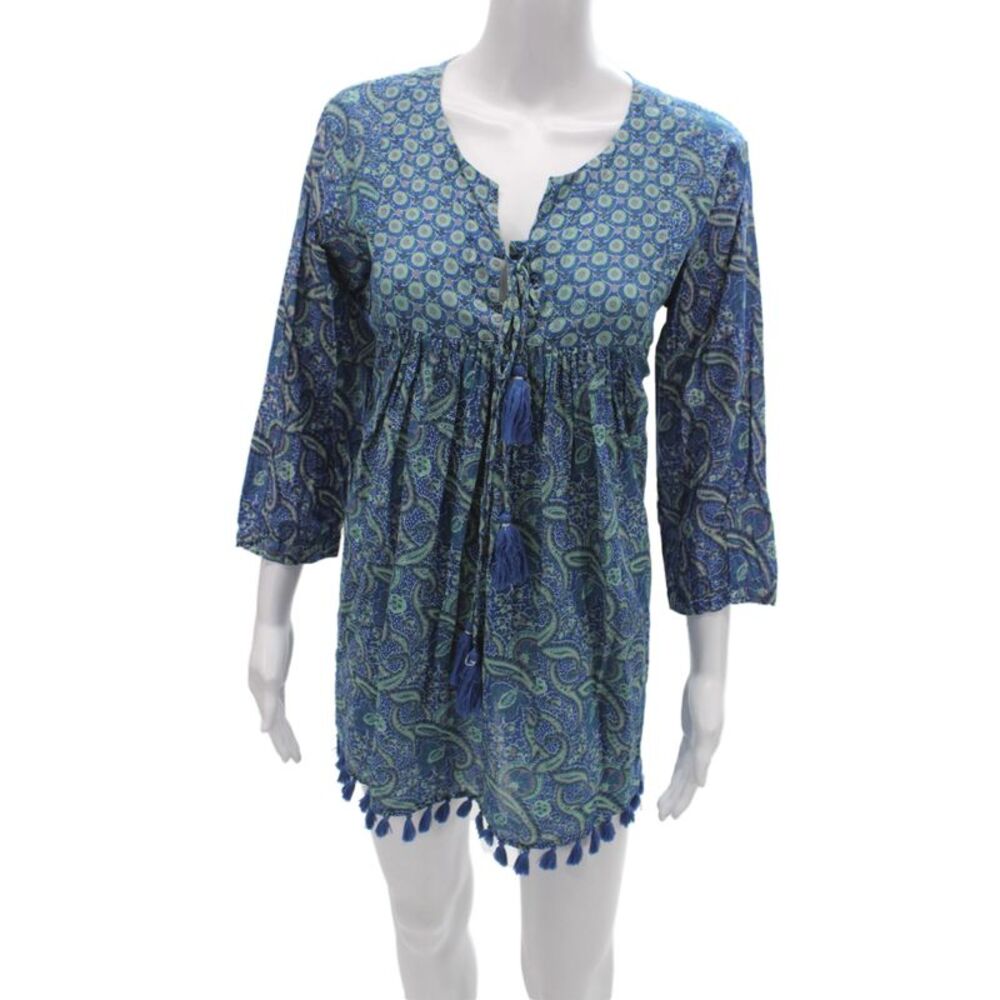 Ro's Garden Women Kaftan Paisley Silk Short Dress Dark Blue 3/4 Sleeve Size M